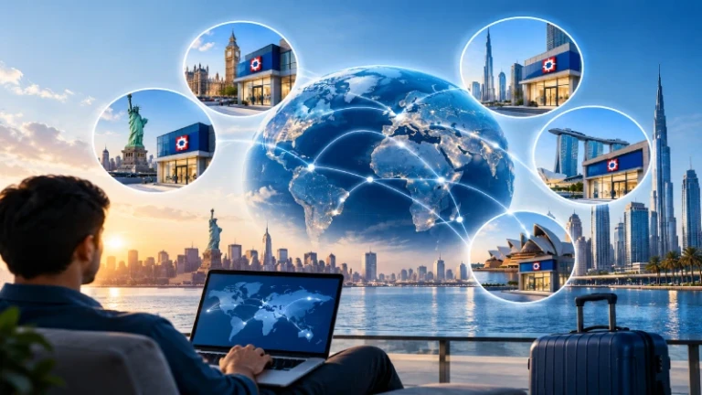 Global banking network representing HDFC Bank international branches, overseas banking locations, and cross-border remittance services